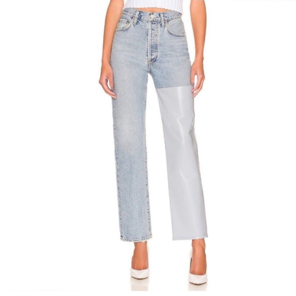 AGOLDE Pieced '90s High-Rise Leather & Denim.              Straight leg size 23